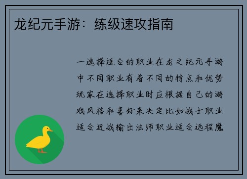 龙纪元手游：练级速攻指南
